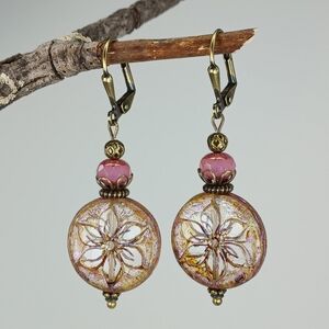 HAND CRAFTED Pink Bronze Artisan Glass Flower Boho Vintage Style Dangle Earrings